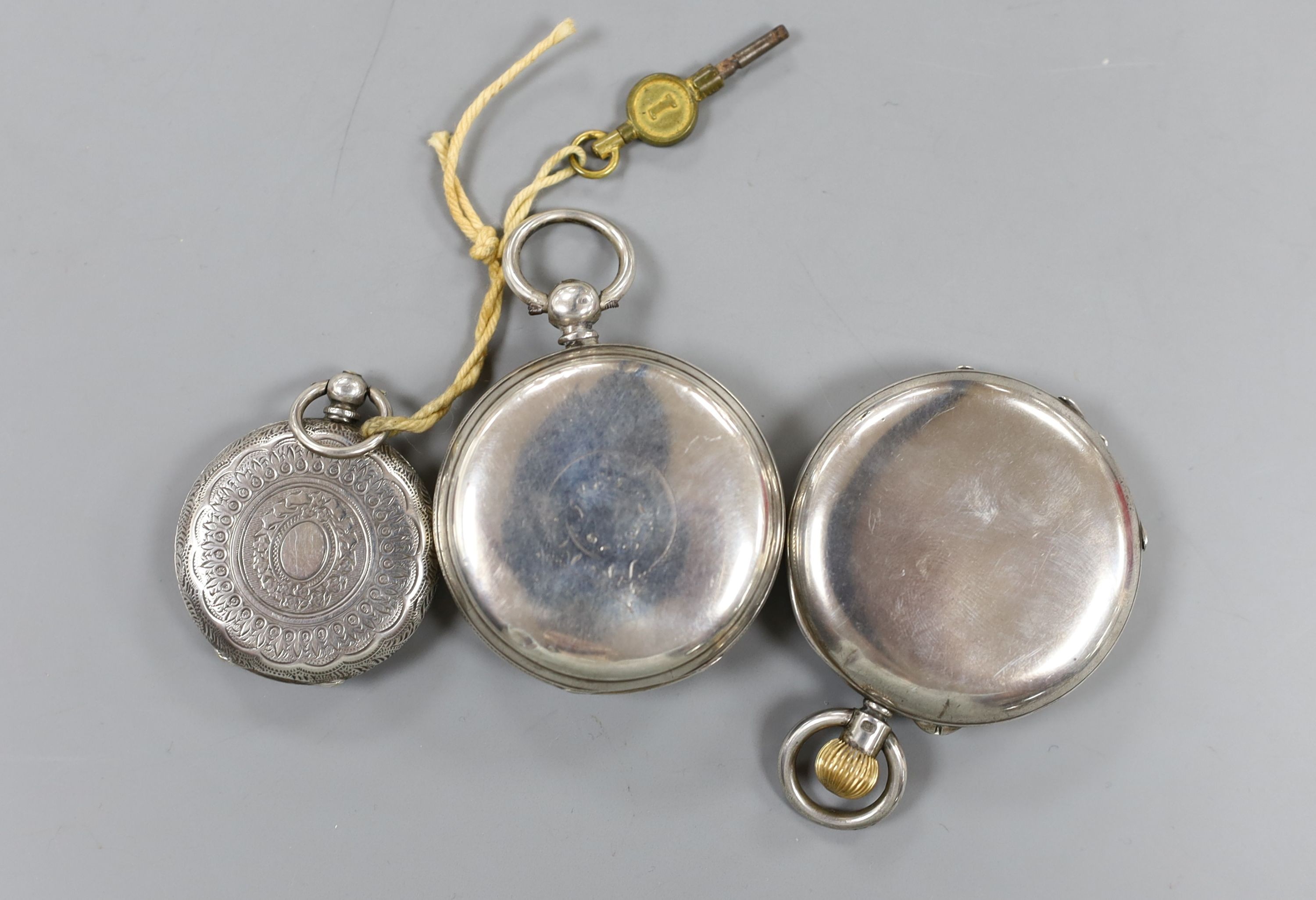 Two silver pocket watches including 19th century and a silver fob watch.
